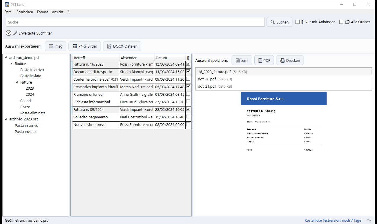PST Lens, PST-Viewer mit geöffnetem Outlook-Archiv und Anhangvorschau