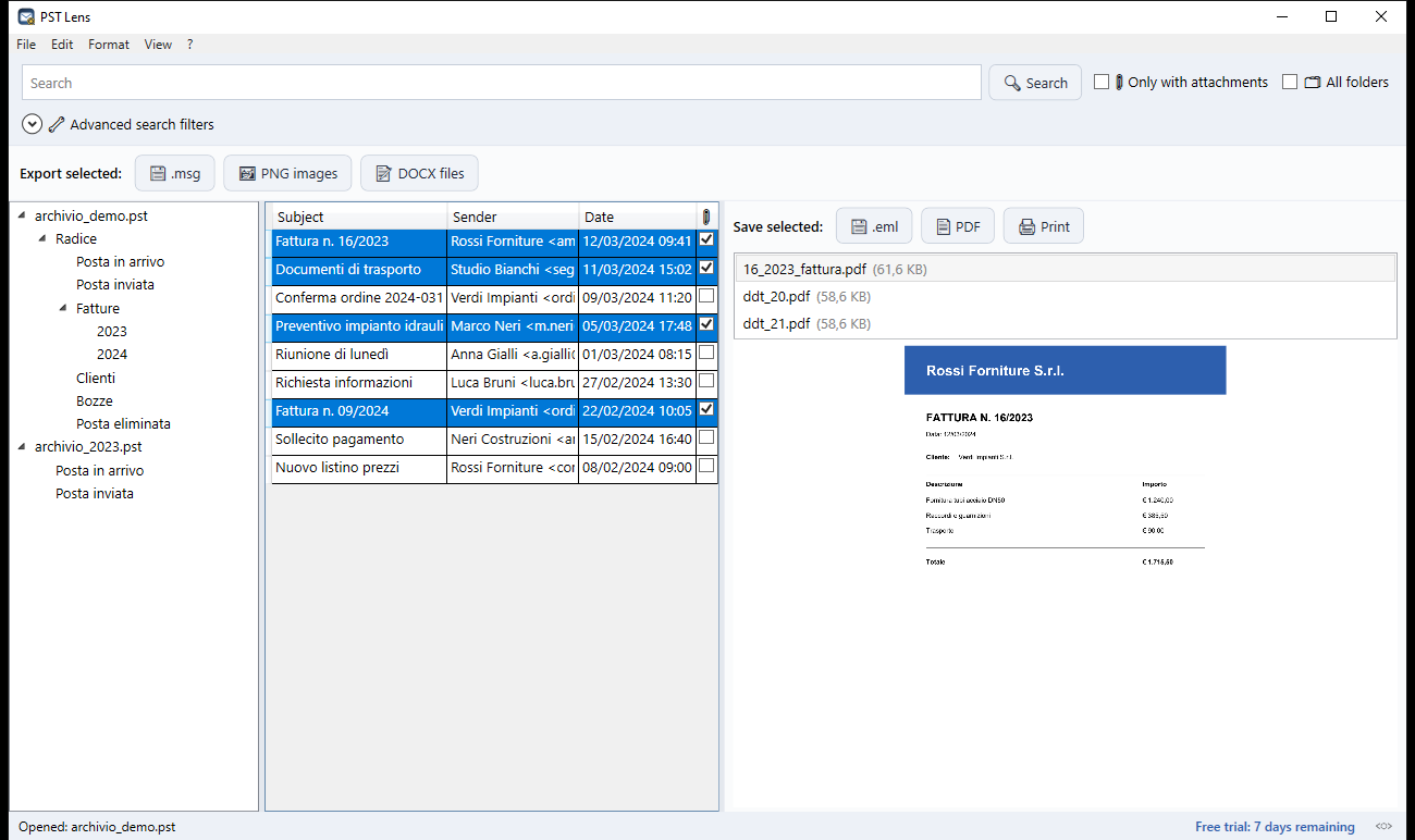 PST Lens PST viewer showing an Outlook PST archive with email attachment preview