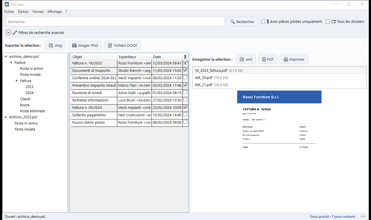 PST Lens, lecteur PST affichant une archive Outlook avec aperçu des pièces jointes